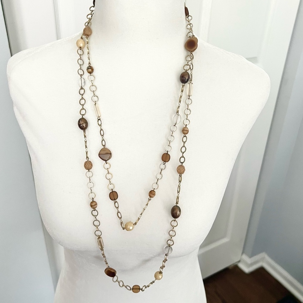 Multistrand brown beaded stone antique gold tone chain two way long necklace